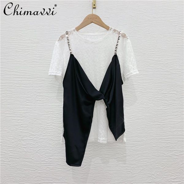 

women's blouses & shirts cotton casual patchwork t shirt 2021 summer fake two pieces lace strap female short sleeve loose top, White