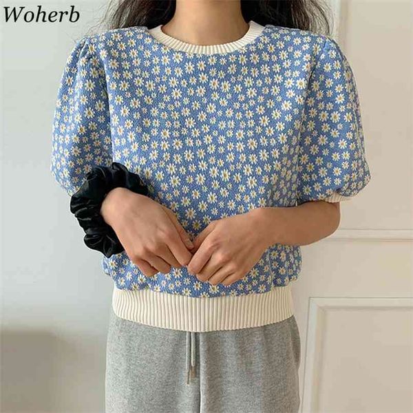 

woherb spring summer o-neck thin knitted sweater women floral tee shirt loose casual korean chic puff sleeve sweet t-shirts 210708, White