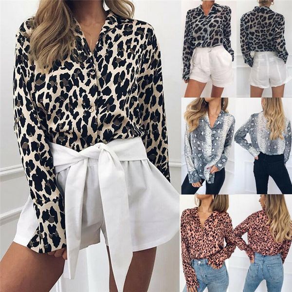 

2021 women v-neck leopard print long sleeve shirt blouses outwear clubwear ladies v-neck loose casual blouse shirt s-xl, White
