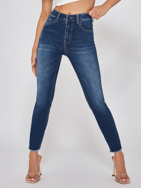 

petite high stretch raw hem skinny jeans e16h#, Blue