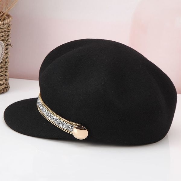 

lady visors hat autumn winter diamond chain decorated wool octagonal cap female british fashion beret retro joker hat b-8933 t200323, Blue;gray