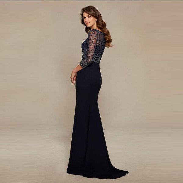 Wunderschöne dunkle Navy Chiffon O Hals Perlenmutter der Brautkleider mit drei Viertelhülsenhochzeit Guest Gowns 2022 zum Verkauf