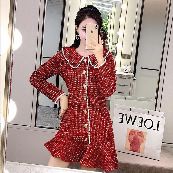 

casual dresses 2021 spring women runway tweed red dress, Black;gray