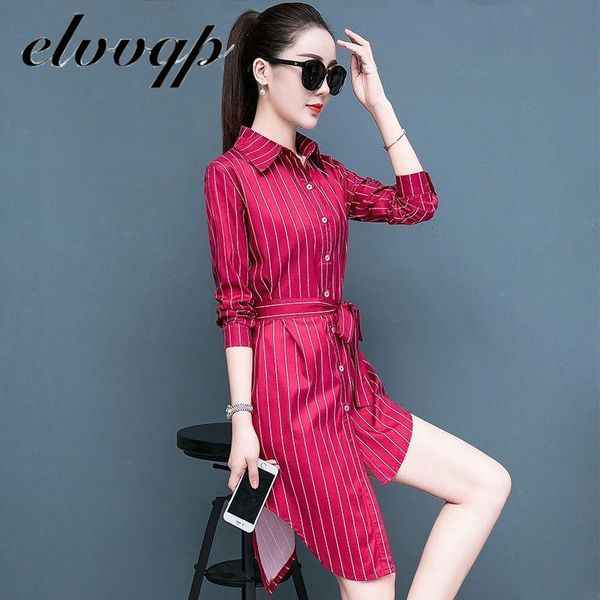 

casual dresses spring autumn striped office shirt dress women irregular long sleeve ladies elegant party midi plus size 5xl, Black;gray