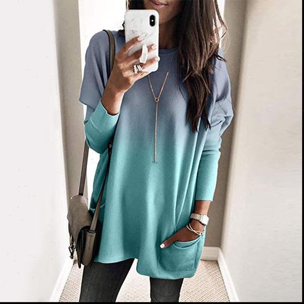 

o neck long sleeve gradient color loose casual dress women 2021 autumn pocket long plus size 5xl ladies dresses, Black;gray