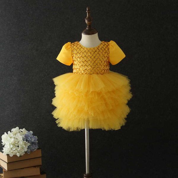 Vendita al dettaglio Little Baby manica corta Flower Dress Paillettes Plaid Abiti da sposa Performance Abbigliamento per bambini E19030 210610