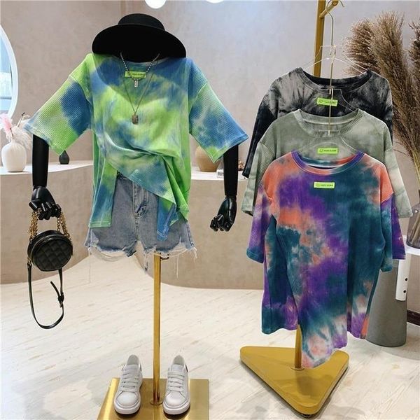 

women's t-shirt short-sleeved round neck tie-dye hit color women summer 2021 korean version of the wild split bottoming shirt top, White