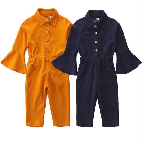 

childrens clothing baby fashion jumpsuit girls pants spring autumn new girls cotton flared sleeve solid color casual jumpsuit, Blue