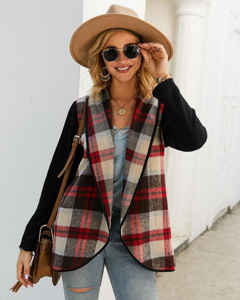 

women's jackets jacket fashion tweed red plaid 2021 autumn-winter female long sleeve lapel warm slim outwear, Black;brown