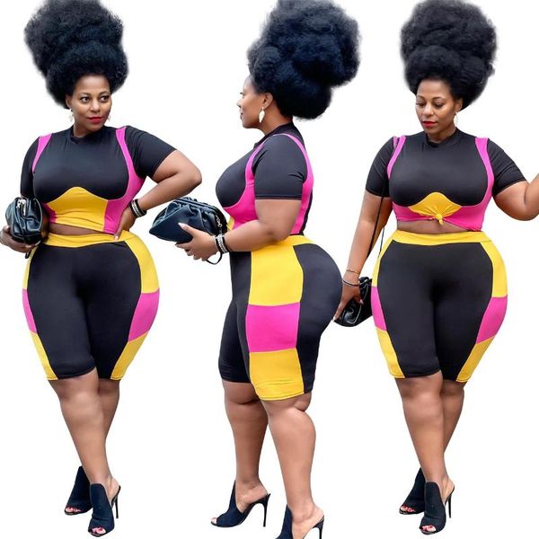 

plus size tracksuits casual contrast color patchwork women high waist skinny biker shorts + o-neck short sleeve t-shirts outfits, Black