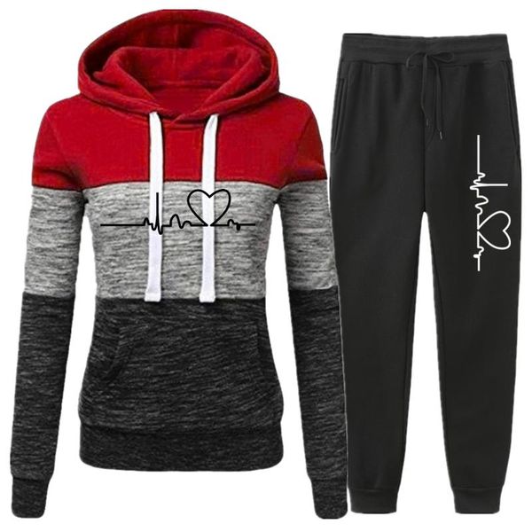 

women's two piece pants women tracksuit 2 pieces set winter hoodies+pants patchwork pullover sweatshirt female sport suit outfits for w, White