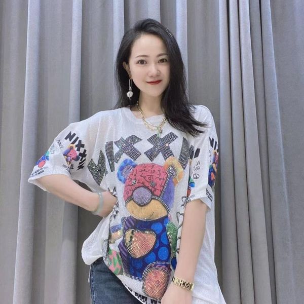

women's t-shirt cartoon sequins summer sweater round neck stretchy short sleeve women thin knitted wear, White