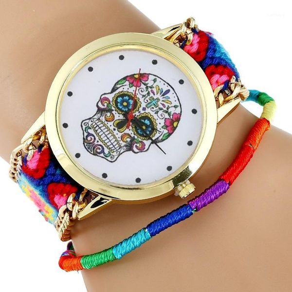 

wristwatches women watch mexican skull woman dress wristwatch fashion hippie fabric bracelet skeleton reloj dama geneva style, Slivery;brown