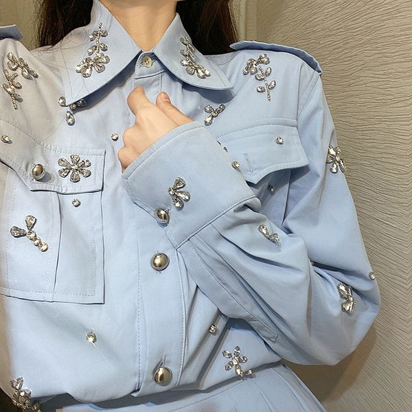 

blouses spring fashion streetwear epaulet shoulder diamonds beading blouse women blusas lady shirt 210225, White
