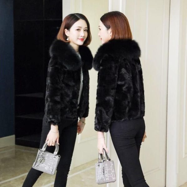 

women's fur & faux mink coat short 2021 winter haining collar slim fit with special price, Black
