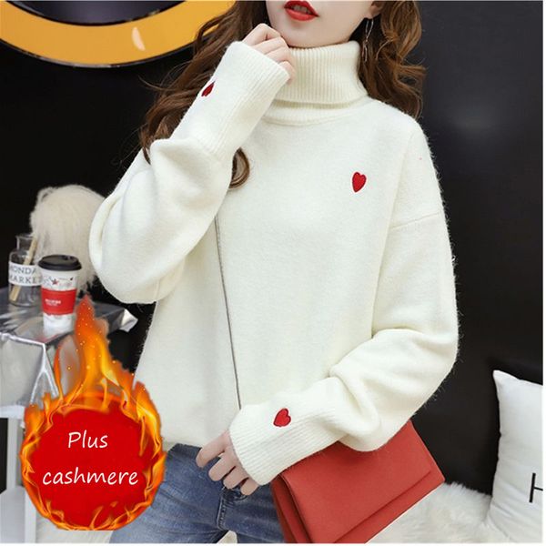 

2021 new women winter plus cashmere warm turtleneck sweaters fashion loose long sleeve elastic knitted embroidery pullover 2e72, White;black