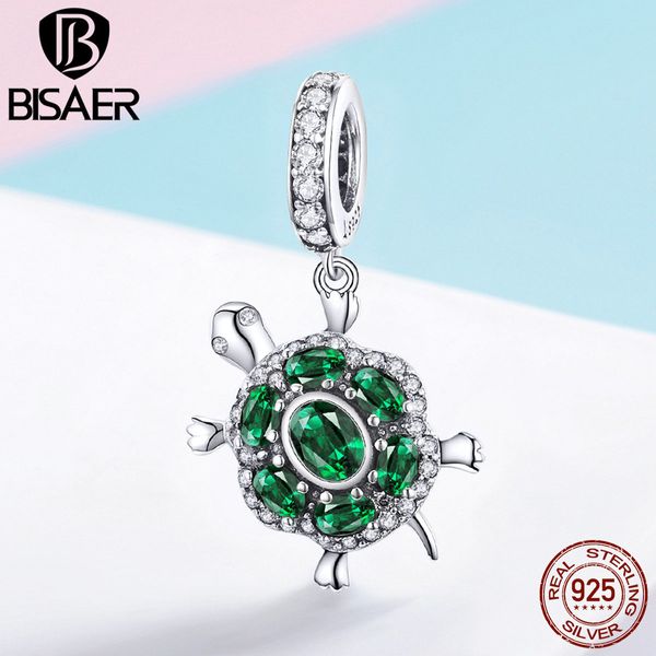 BISAER Ozean-Charms, 925er-Sterlingsilber, Schildkröten-Perlen, grüner Kubikzirkon, passend für Armbänder, DIY-Schmuckherstellung, ECC1017, Q0531