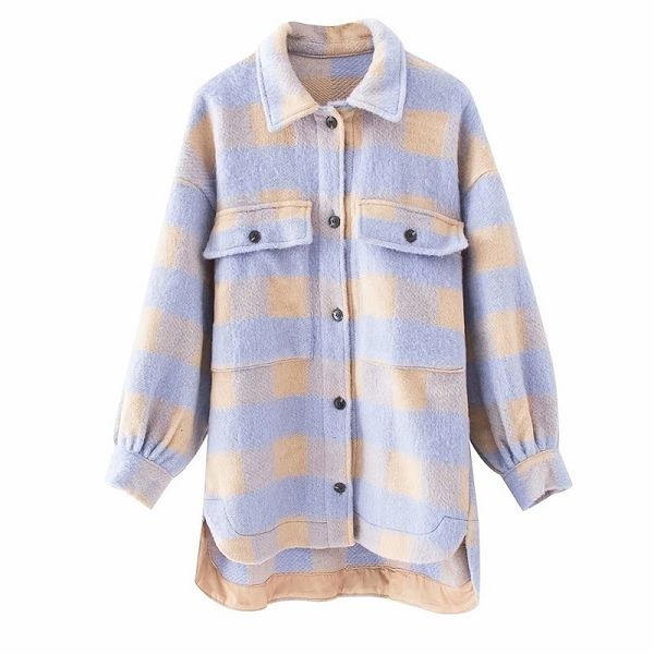 

stylish sweet plaid woolen shirt jackets women fashion pockets turn-down collar check jacket cute girls chic coat streetwear 201102, Black