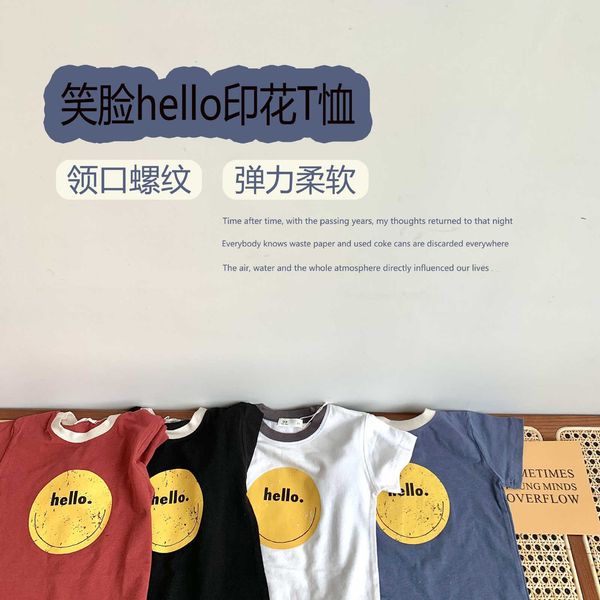 

korean short zuo 2021 children's summer bangliangpin new sleeve smiling face print elastic loose t-shirt for b, Black;white