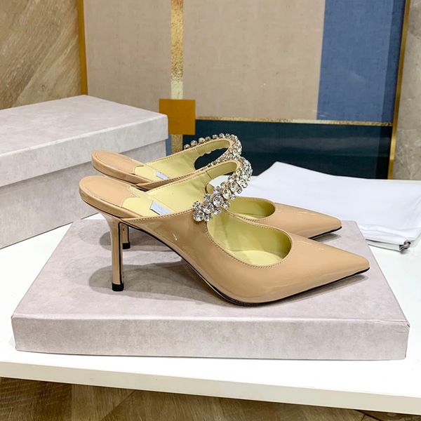 

women dress shoes linen patent leather mules with crystal strap 6.5cm 8.5cm designer heel with box, Black