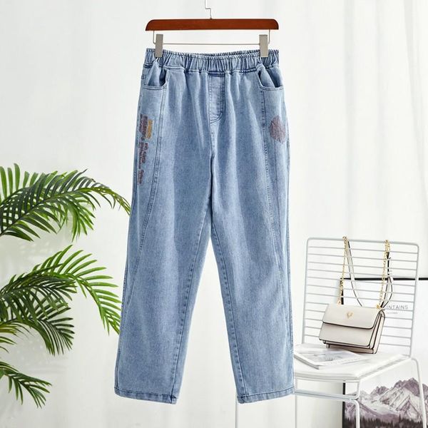 

women's jeans high waist women streetwear 2021 straight leg pants denim trousers embroidery loose washed mom, Blue