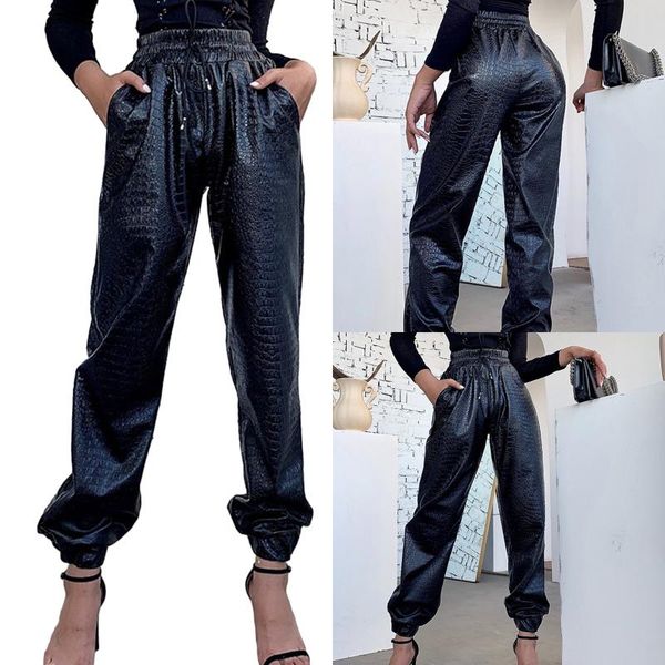 

women's pants & capris women leather cargo pants, high waist snakeskin pattern drawstring tapered jogger, Black;white