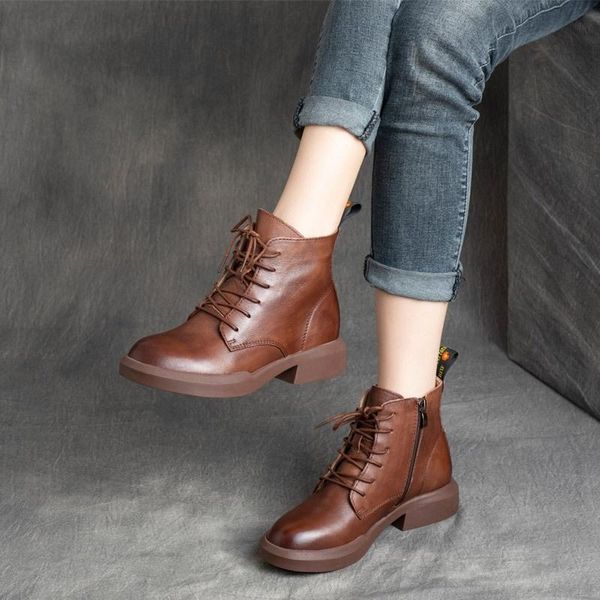 

boots 2021 autumn winter handsome british cowhide side zipper thick soled short knight lace up middle heel, Black