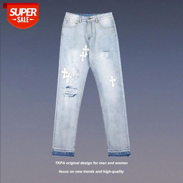 

tkpa cross skinny jeans vibe men and women washed holes slim feet fog trousers #ys8i, Blue