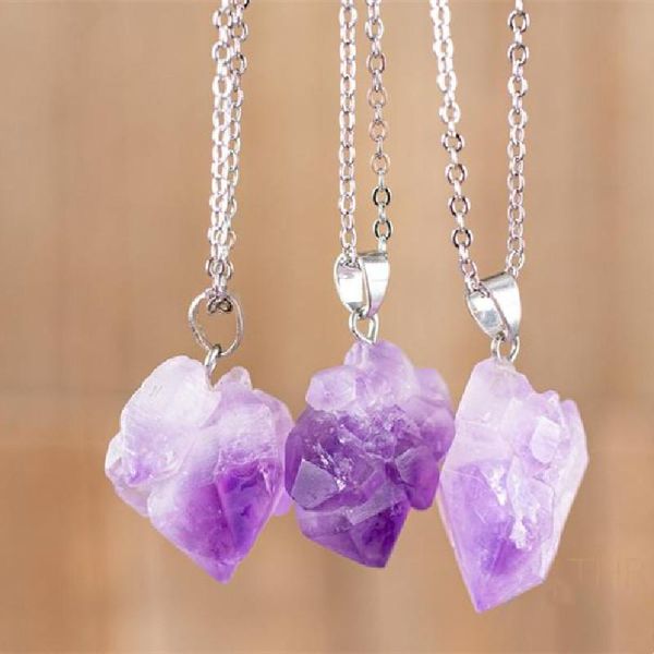 

pendant necklaces purple crystal raw necklace birthstone jewelry healing and stones statement gothic witch charm women gift, Silver