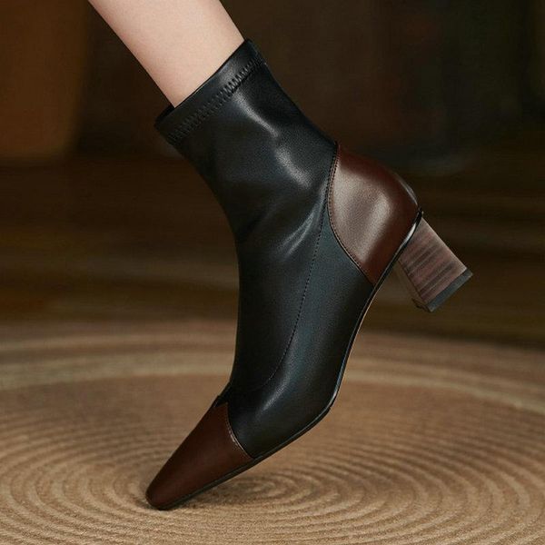 

boots elegant women ankle fashion genuine leather med heels side zipper wedding working shoes woman winter, Black