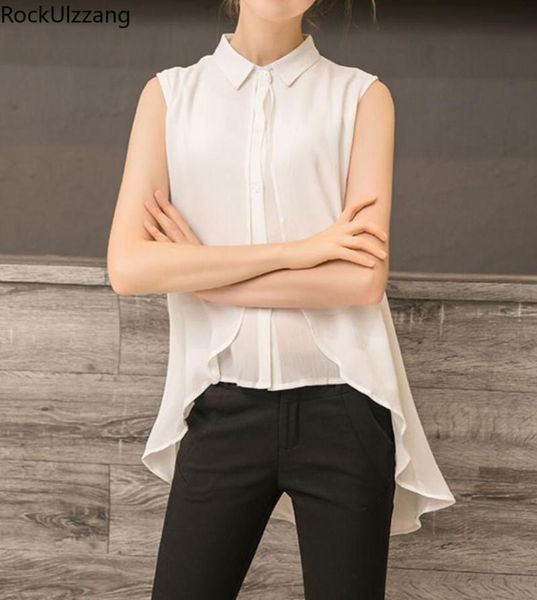 

back front irregular length button loose a-line solid plus size chiffon blouse women office shirt splicing two piece style, White