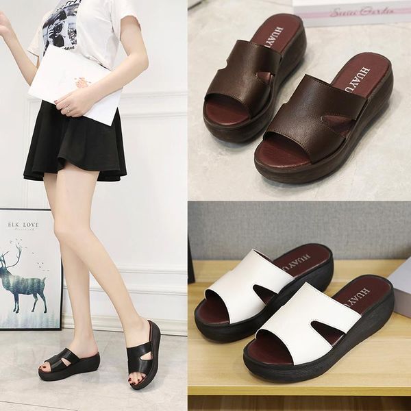 

slippers women slipper's 2021 ladies summer leather women's wedges heels solid fashion shoes zapatillas mujer, Black