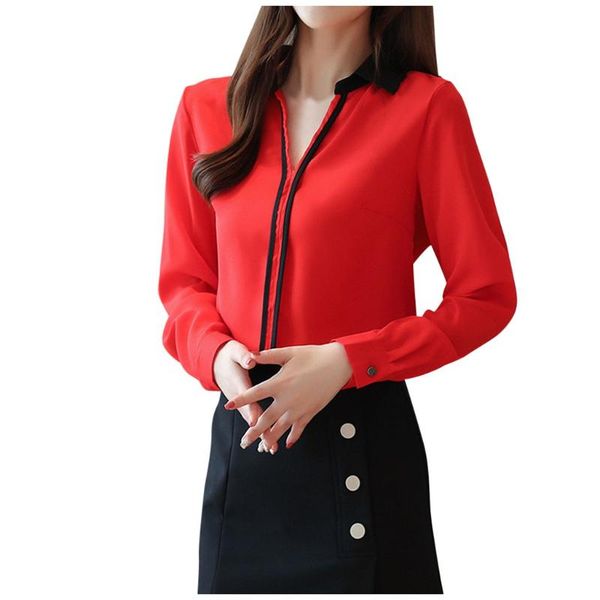 

women's blouses & shirts women contrast color collar wild shirt long sleeve chiffon in patchwork office work z0116, White