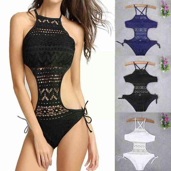 

women's swimwear one piece swimsuit backless halter beach crochet suit bathing for women swimming bikini 2021 black m1t1, White;black