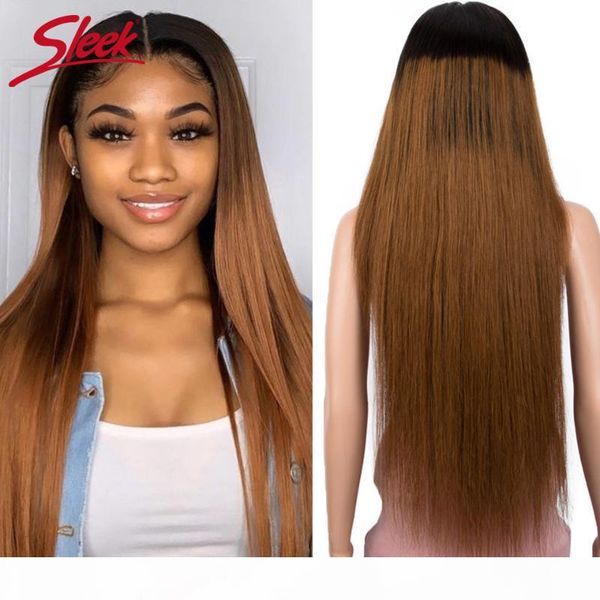

sleek brazilian remy 13x4 lace front human hair wigs long 30 inch straight ombre t1b 30 150% density pre plucked with baby hair, Black;brown