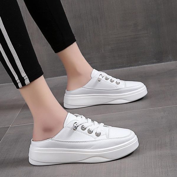 

slippers shoes woman 2021 soft med cover toe pantofle loafers comfort flat slides cross-tied pu sh, Black