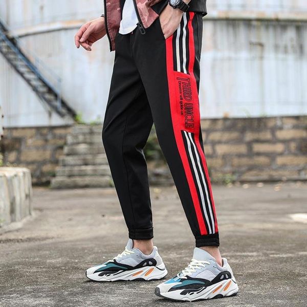 

men's capris spring and autumn thin stripe contrast letter leggings youth student leisure sports pants, Black