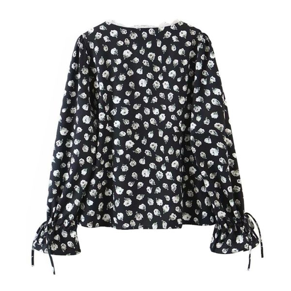 

2021 Spring CHIC Spliced Lace White Flower Print Shirt Black Women Single-breasted buttons Tie Bow Cuff Blouse Girls Tops