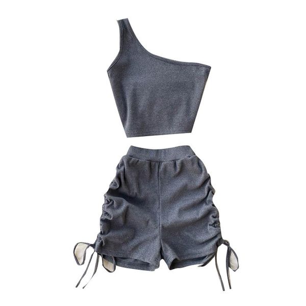 

women's two piece pants 2021 arrival summer women sets one-shouldered crop and drawstring folds shorts set, White