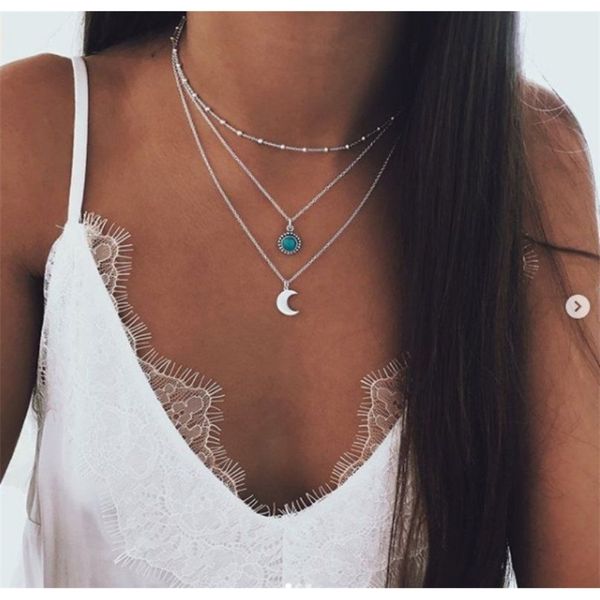 

wind jewelry new necklace moon multi layer inlaid sweater chain, Black