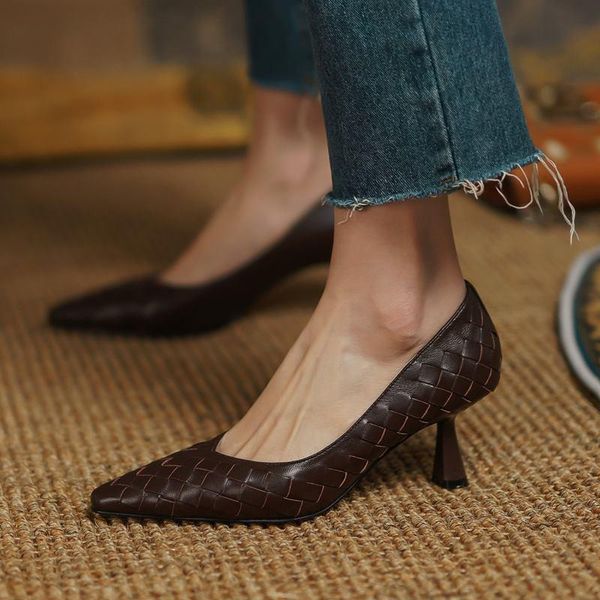 

dress shoes weaving design stiletto natural genuine leather high heel pointed toe fashion high-end heels women, Black