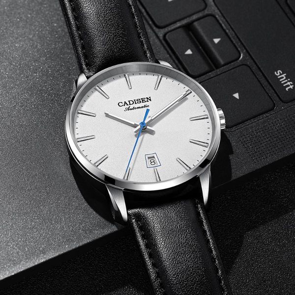 

wristwatches cadisen japan movement men mechanical watches sapphire 50m waterproof automatic watch for genuine leather, Slivery;brown