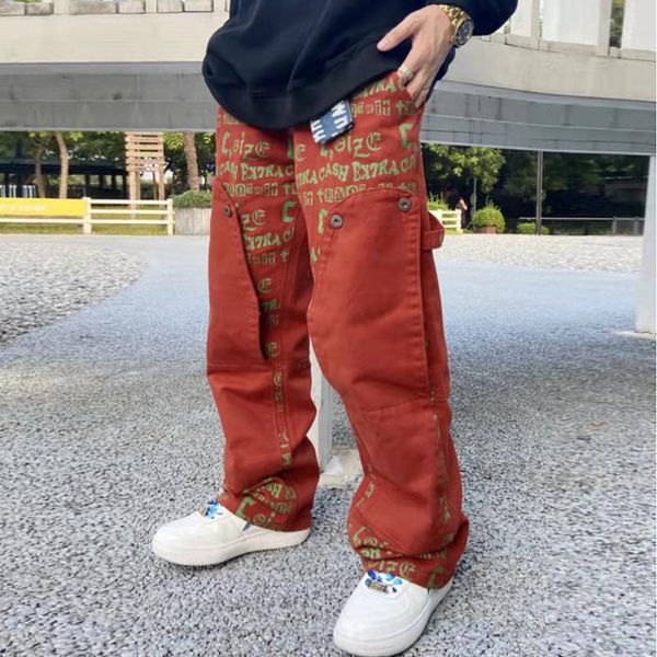 

men's pants japanese retro spliced letter print casual cargo mens streetwear harajuku straight baggy overalls hip hop couple trousers, Black