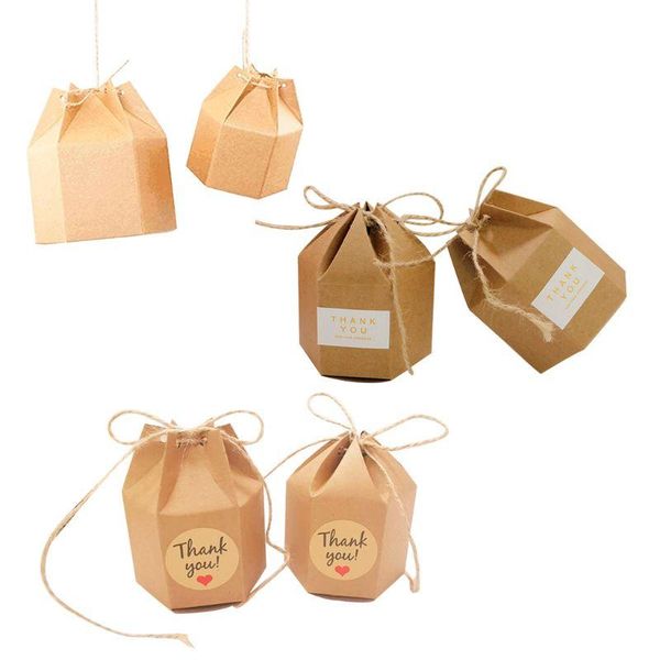 

50pcs/pack kraft paper candy present boxes hexagon packing box with rope