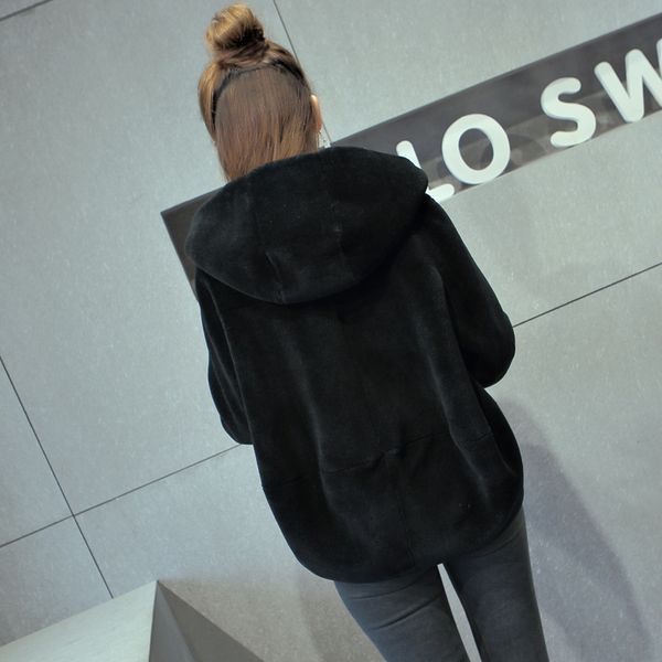 

2021 new jacket real coat female winter sheep shearing wool fur coats for women fall with hat manteau femme hiver kj226 srk6, Black