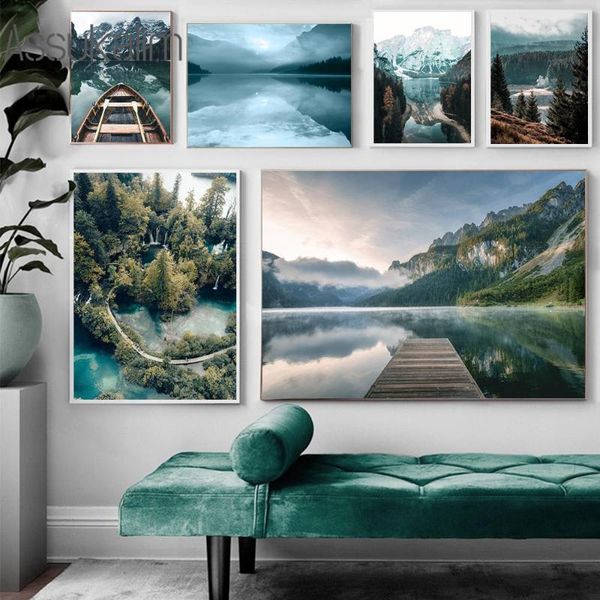 

paintings landscape wall art painting mountain poster forest print lake boat posters scenery prints modern pictures living room decor
