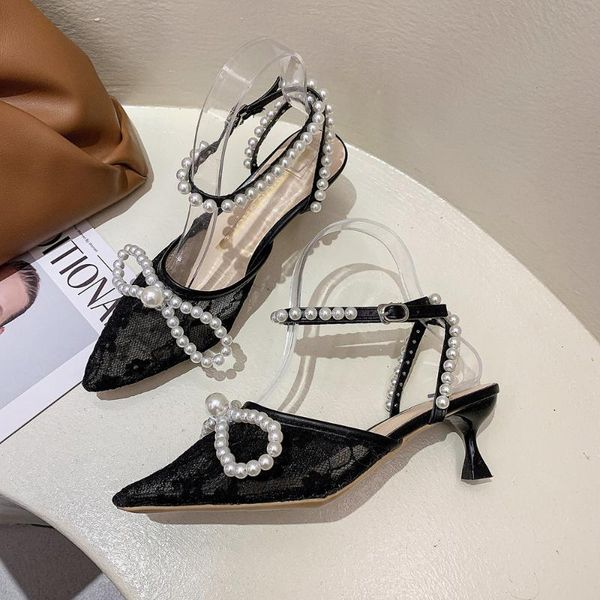 

dress shoes fashion pearl sandal women's 2021 summer high-heeled roman thick heel temperament, Black