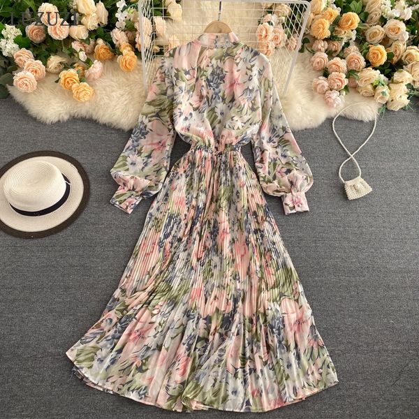 

summer floral long women vacation beach boho party vestidos female bow collar lantern sleeve chiffon robe 2021 j8wh, Black;gray