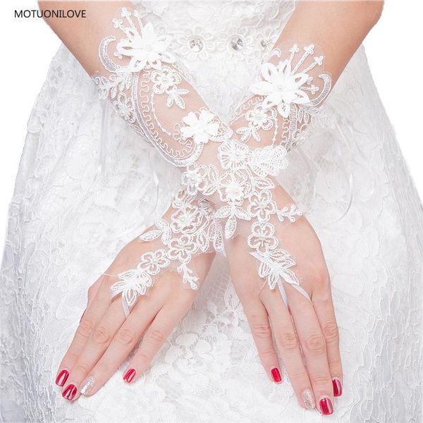 

bridal gloves lace embroidery pearls flowers fingerless wedding for bride cosplay womens short sunscreen, White