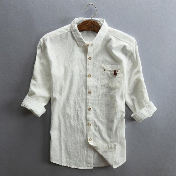 

men's casual shirts three 2021 mens quarter linen turn down collar pocket slim fit cotton summer men clothing male white, White;black